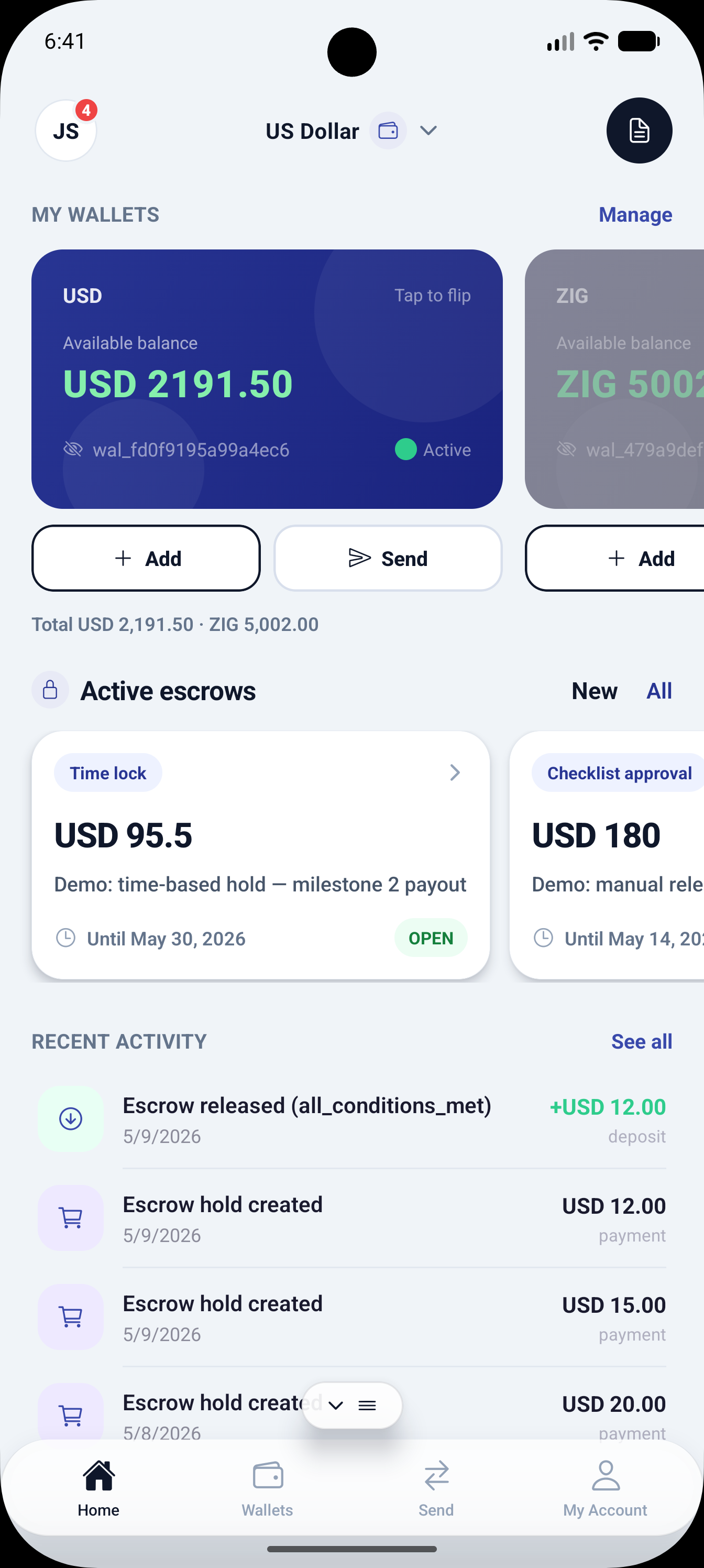 Nightfall app home screen showing wallet balance